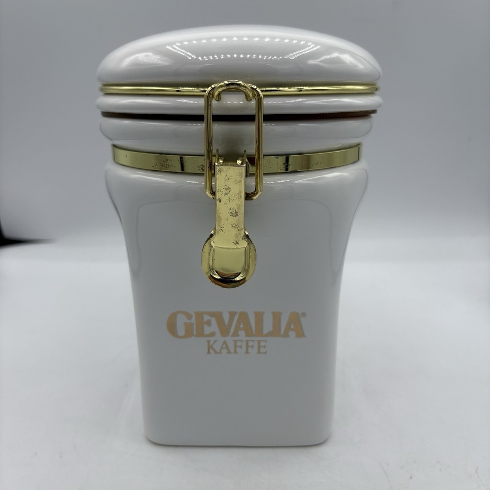 Gevalia Kaffe Coffee Canister White Gold Majesty King Sweden 8" Tall READ‎
